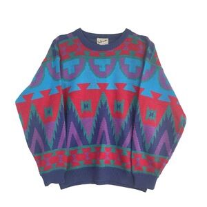 Interim Sweater Mens Medium Multicolor Acrylic Abstract Vintage 90s Crewneck